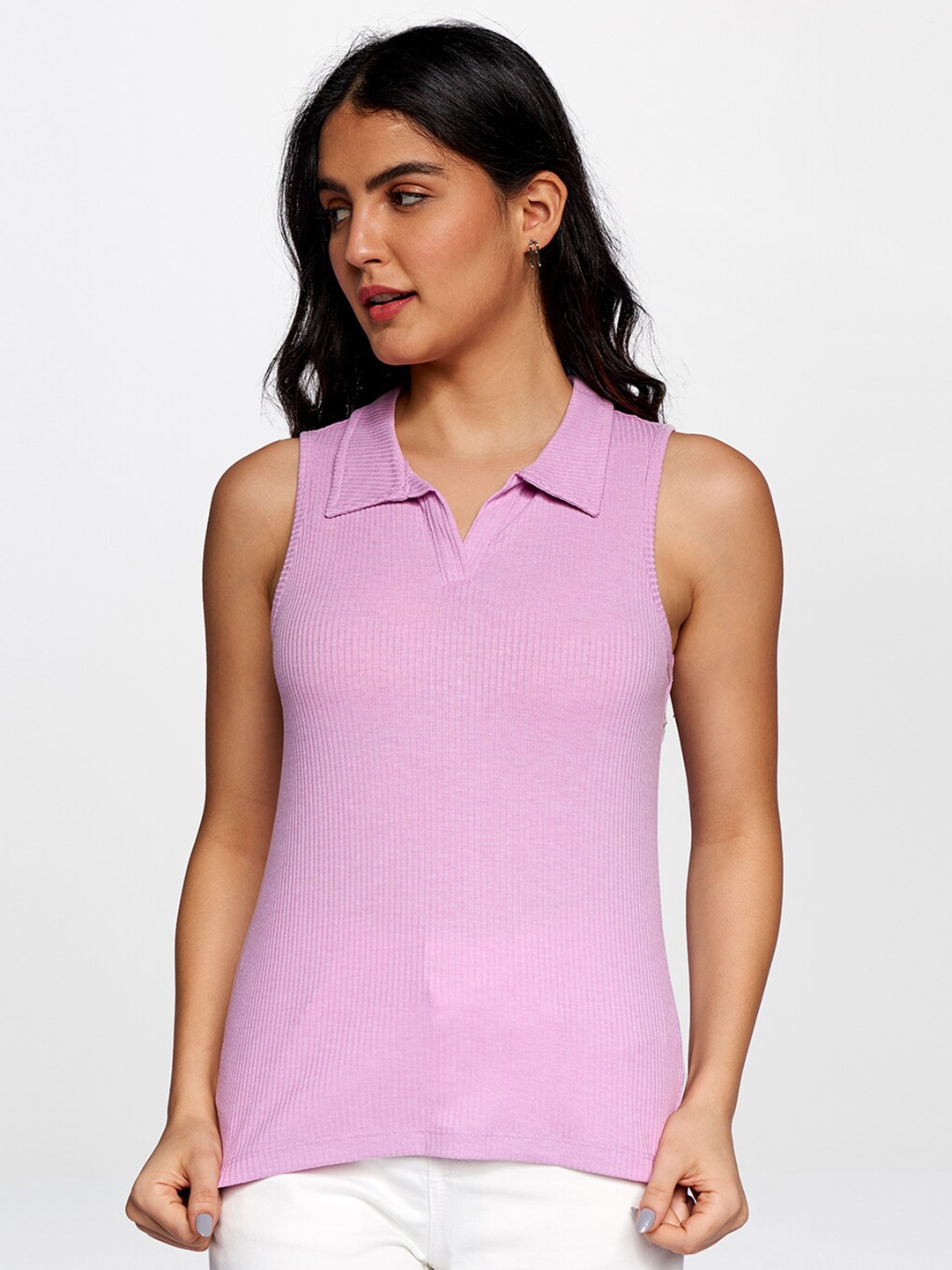 

AND Women Pink Solid Ribbed Top