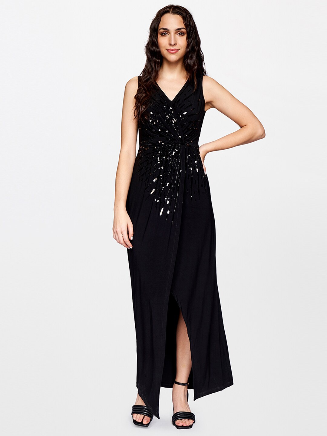 

AND Women Black Embellished Fit & Flare Maxi Dress