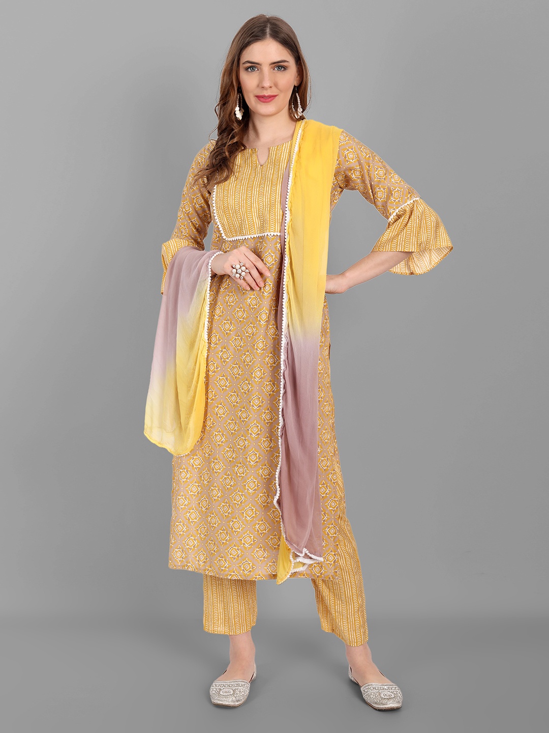 

V TRADITION Women Yellow Ethnic Motifs Printed High Slit Patchwork Kurta with Trousers & With Dupatta