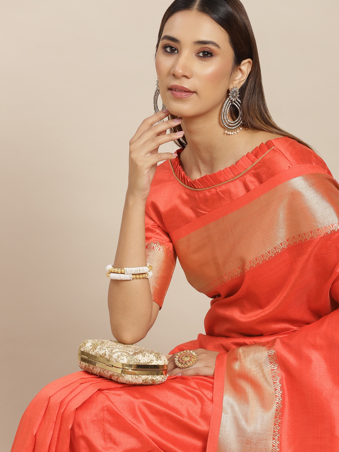 

KALINI Red & Golden Silk Blend Saree