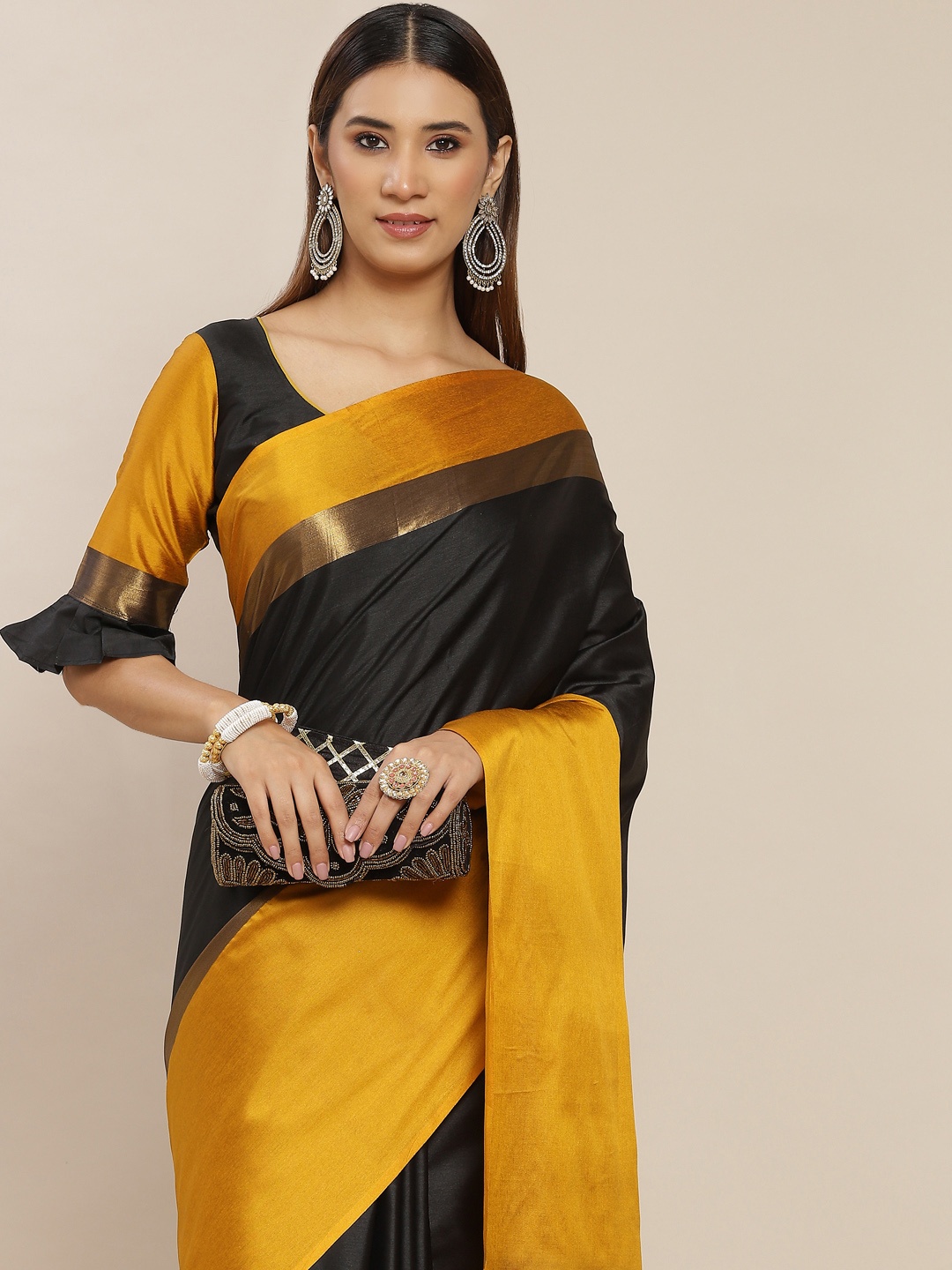 

KALINI Black & Golden Silk Cotton Belted Saree
