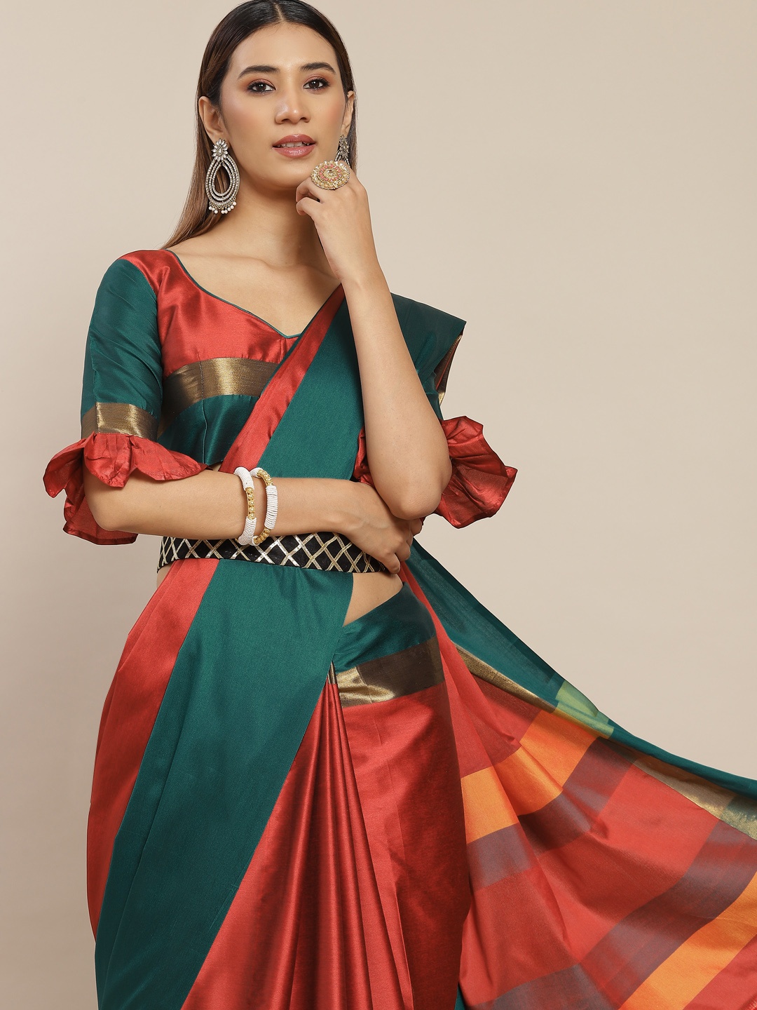 

KALINI Red & Teal Green Silk Cotton Belted Saree