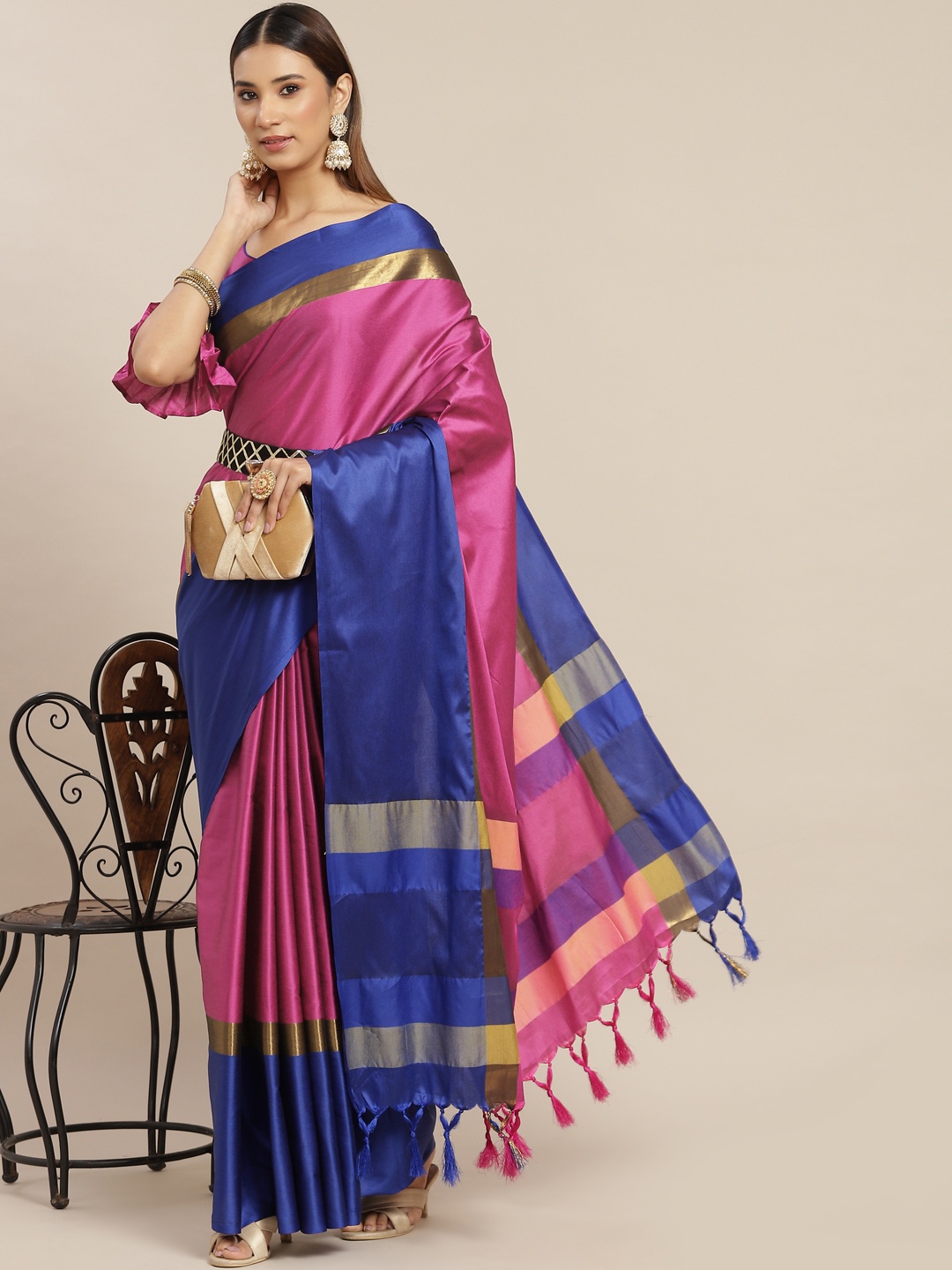 

KALINI Pink & Blue Silk Cotton Belted Saree