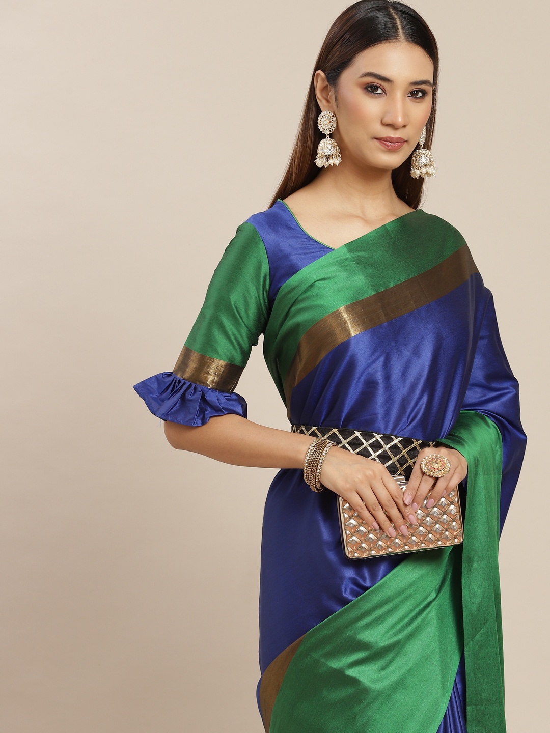 

KALINI Navy Blue & Green Silk Cotton Belted Saree