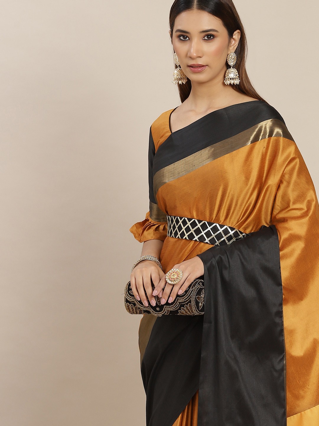 

KALINI Mustard & Black Silk Cotton Belted Saree