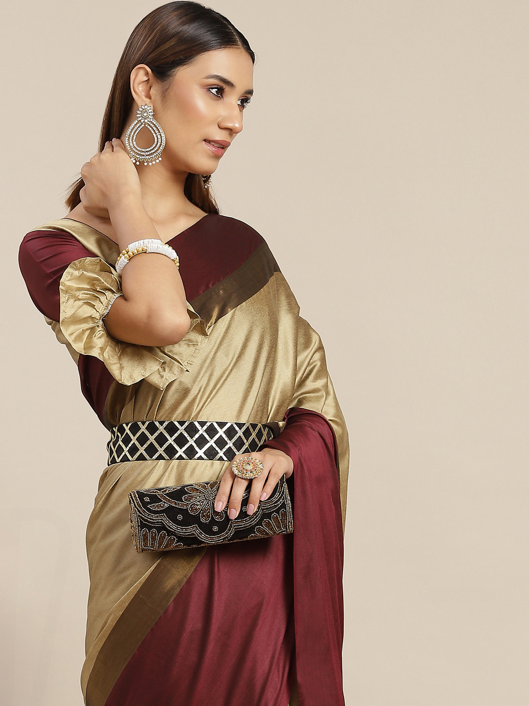 

KALINI Beige & Maroon Silk Cotton Belted Saree
