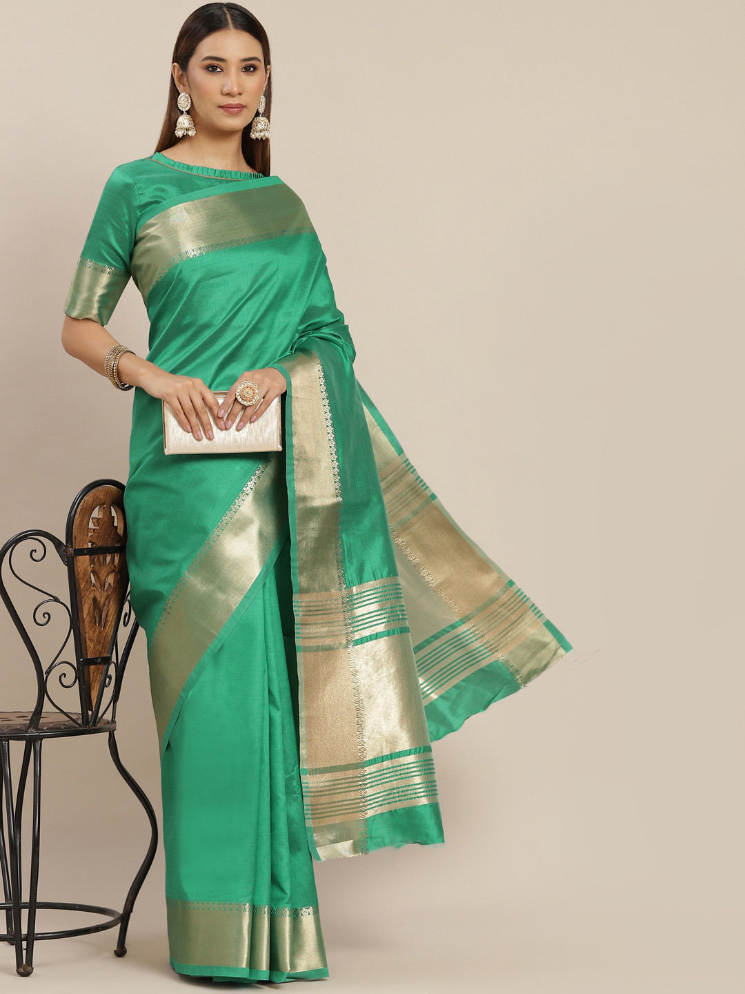 

KALINI Green & Golden Silk Blend Saree