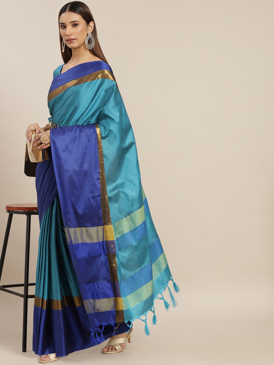 

KALINI Turquoise Blue & Blue Silk Cotton Belted Saree