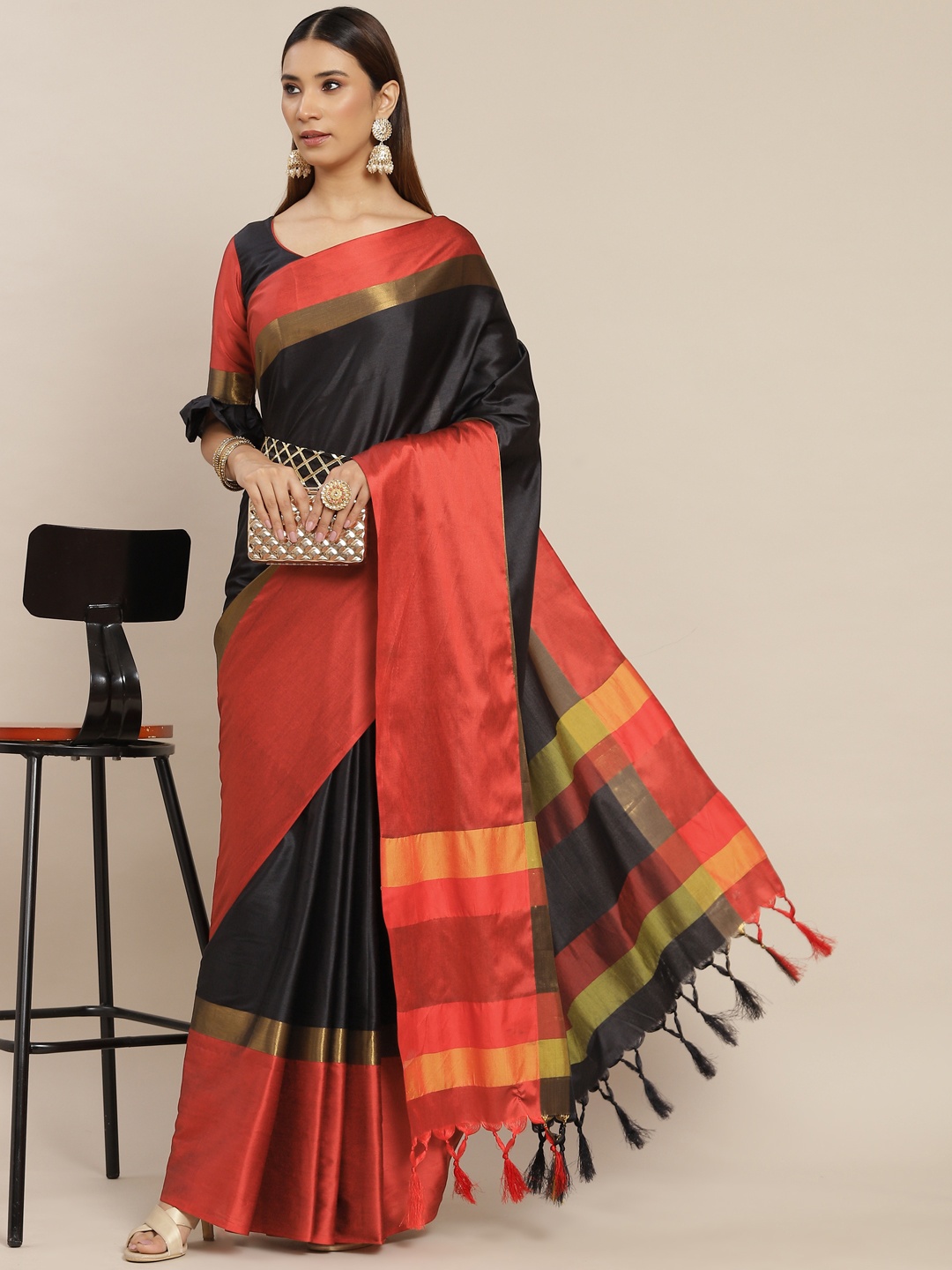 

KALINI Black & Red Silk Cotton Belted Saree