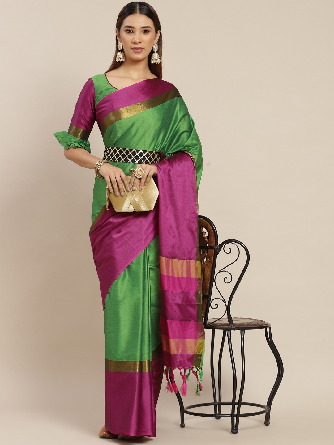 

KALINI Green & Magenta Silk Cotton Belted Saree