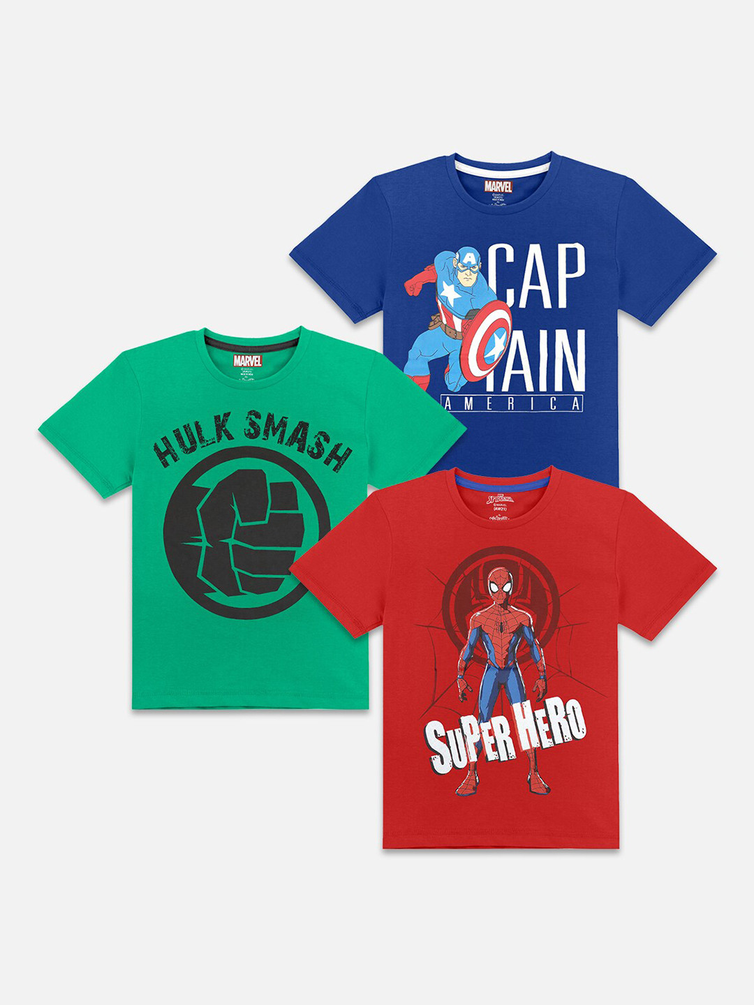 

Kids Ville Boys Pack of 3 Green, Blue & Red Marvel Comic Printed T-shirt