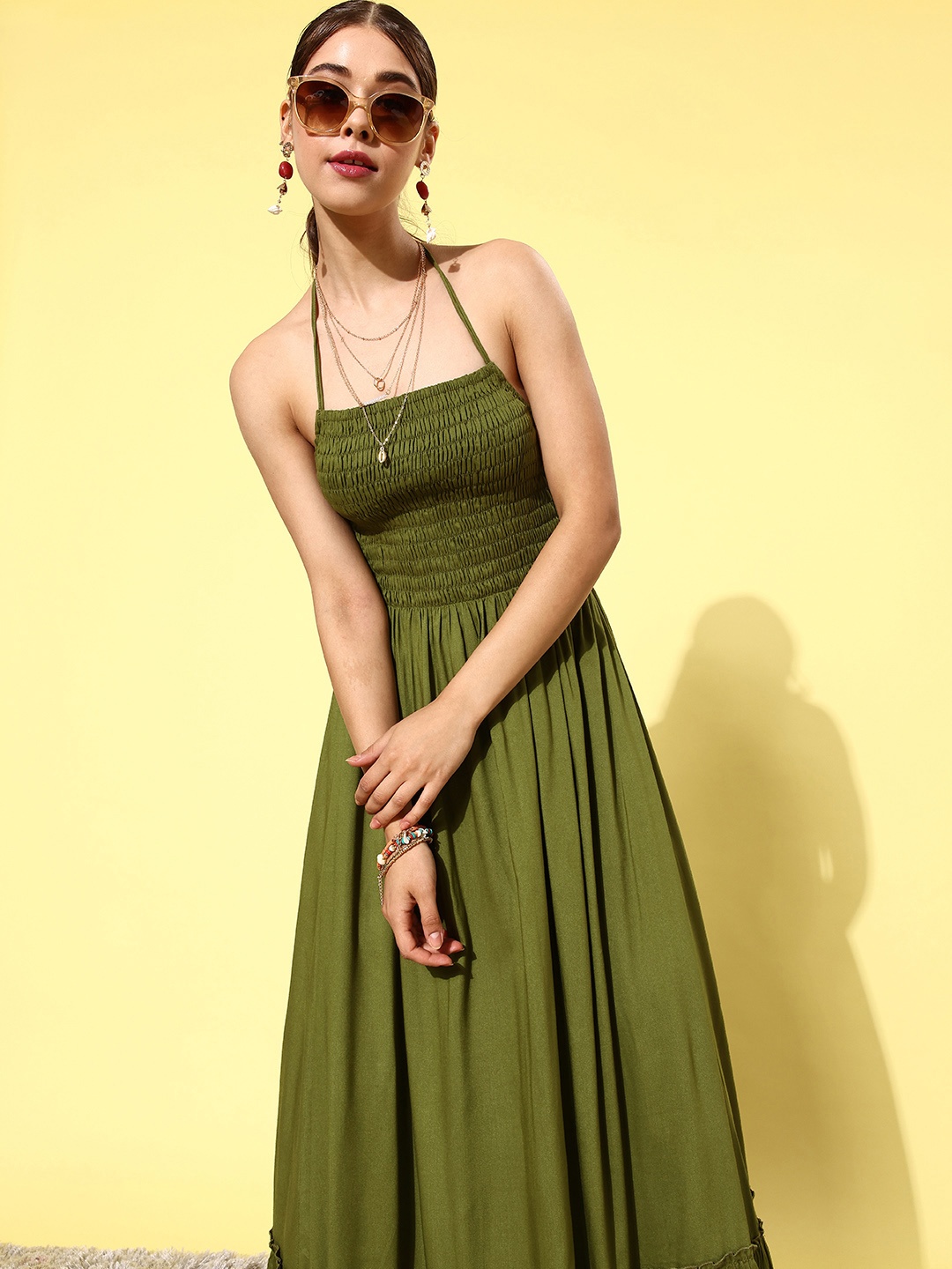 

QUIERO Women Olive Solid Noughties Spaghetti Dress