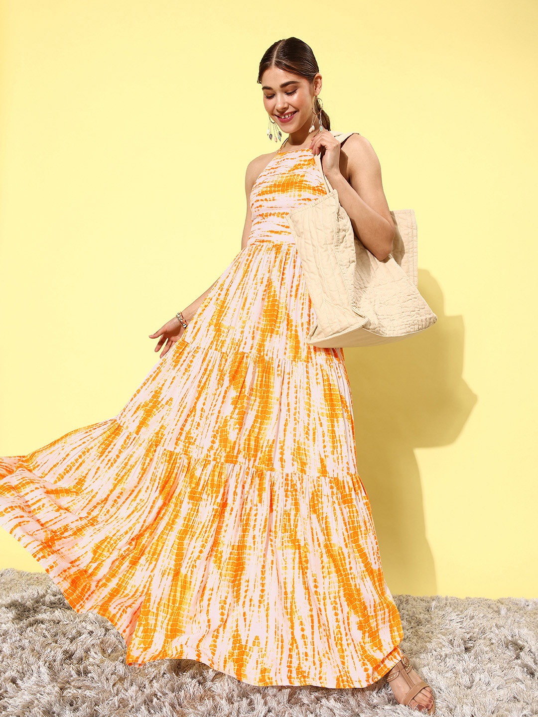 

QUIERO Women Yellow & White Shibori Dyed Maxi Dress