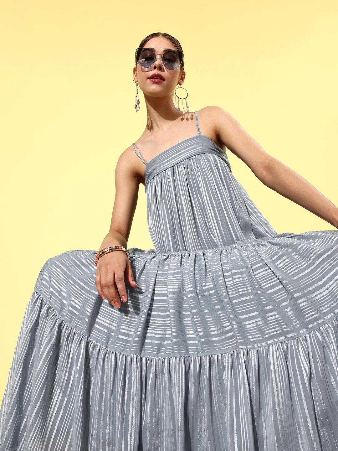 

QUIERO Women Grey & Silver Self Striped Maxi Dress