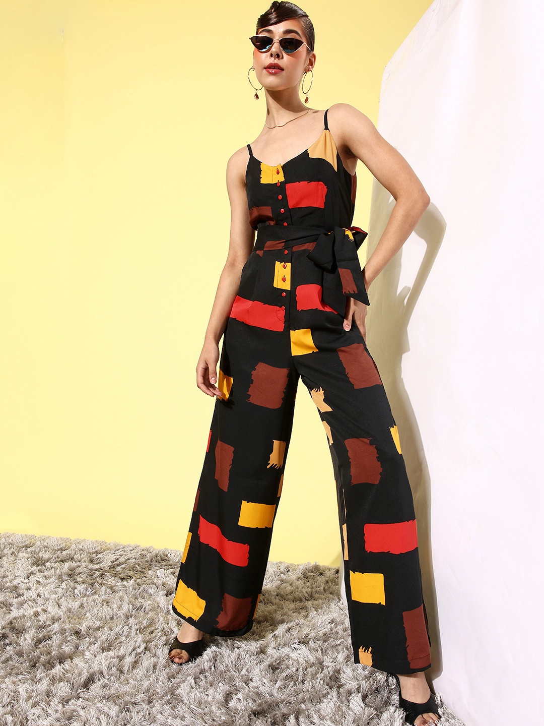 

QUIERO Women Black & Mustard Geometric Printed Basic Jumpsuit