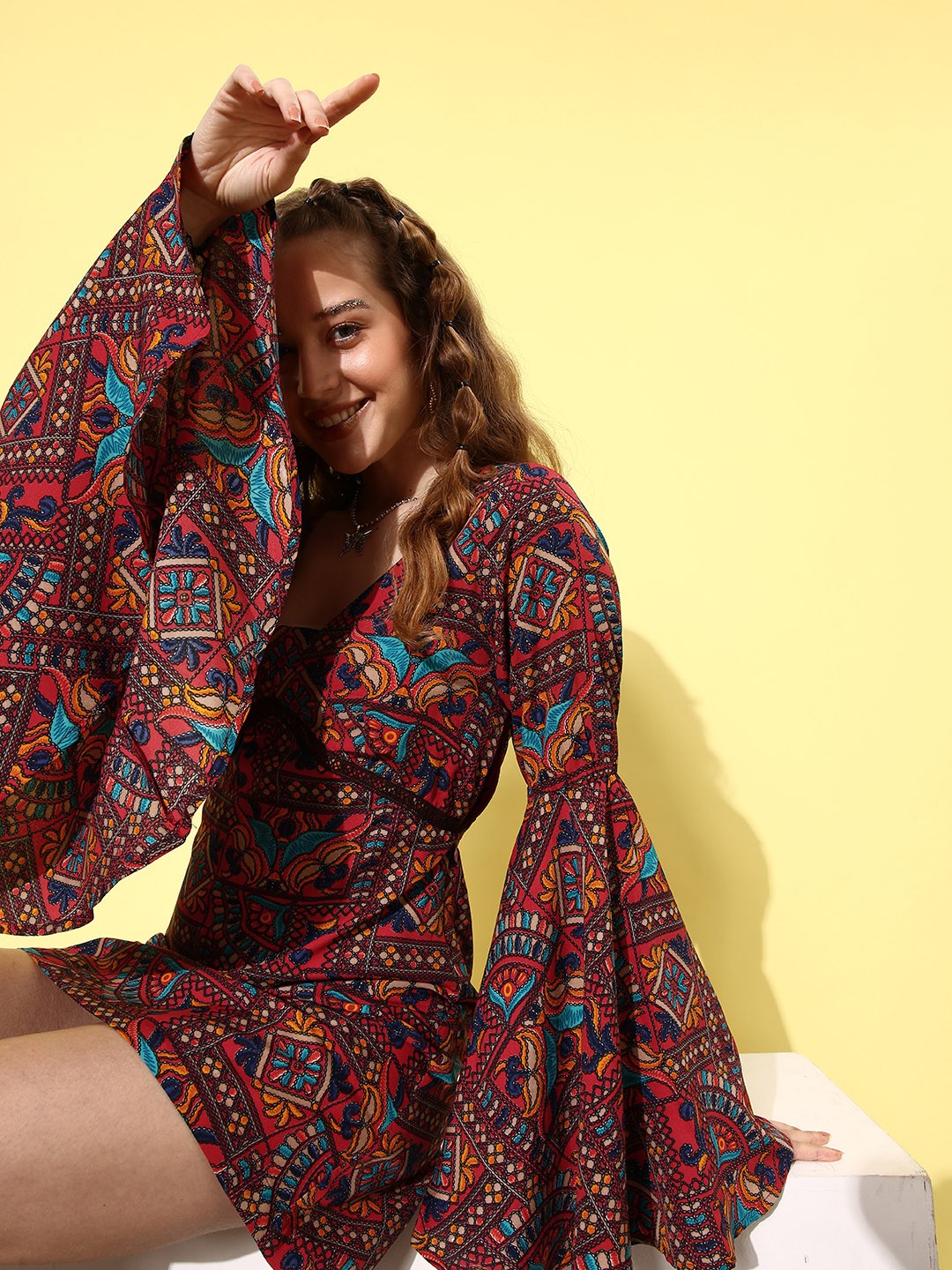

QUIERO Women Red & Turquoise Blue Abstract Printed A-Line Dress