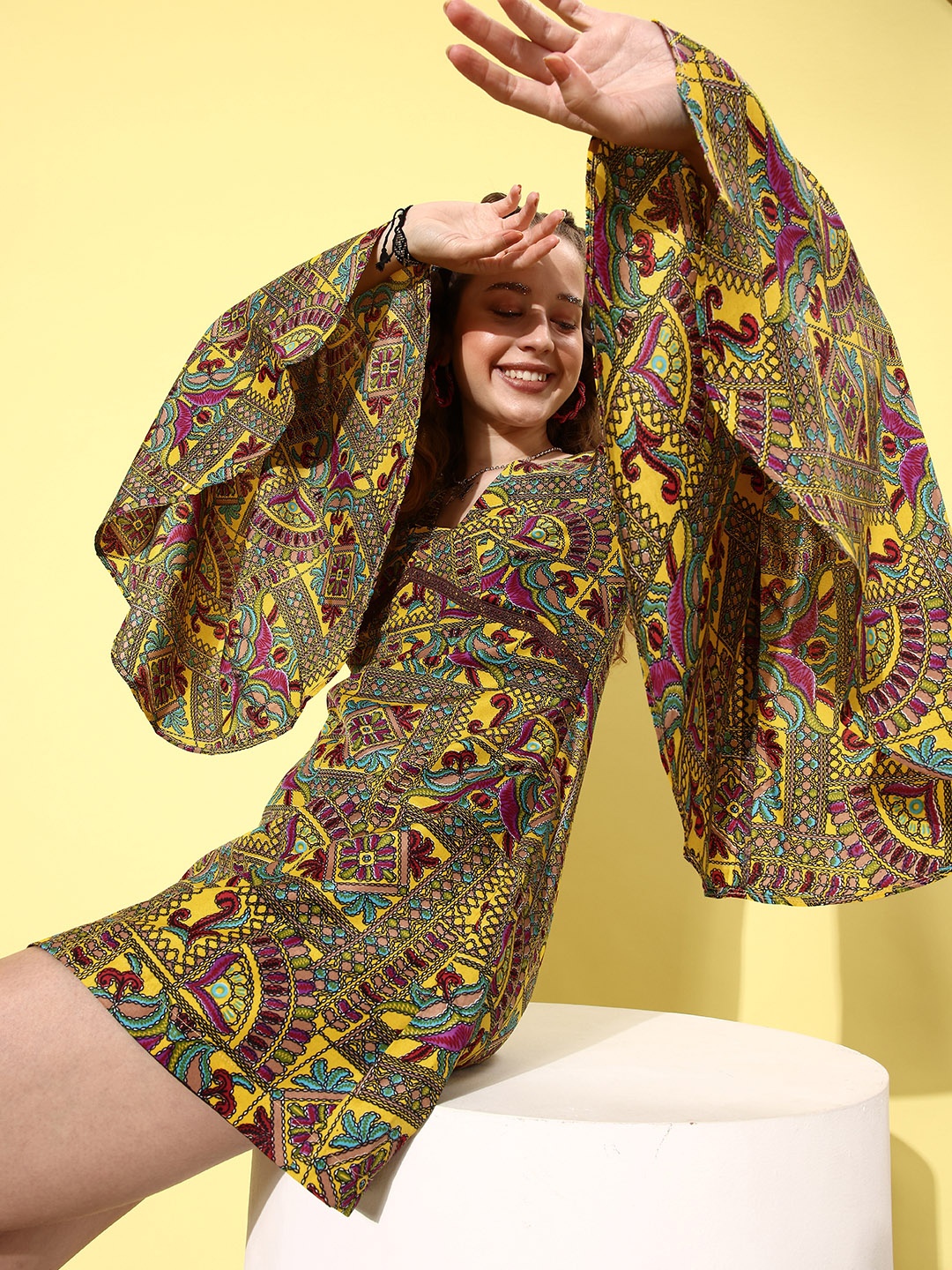 

QUIERO Women Yellow & Purple Abstract Printed A-Line Dress