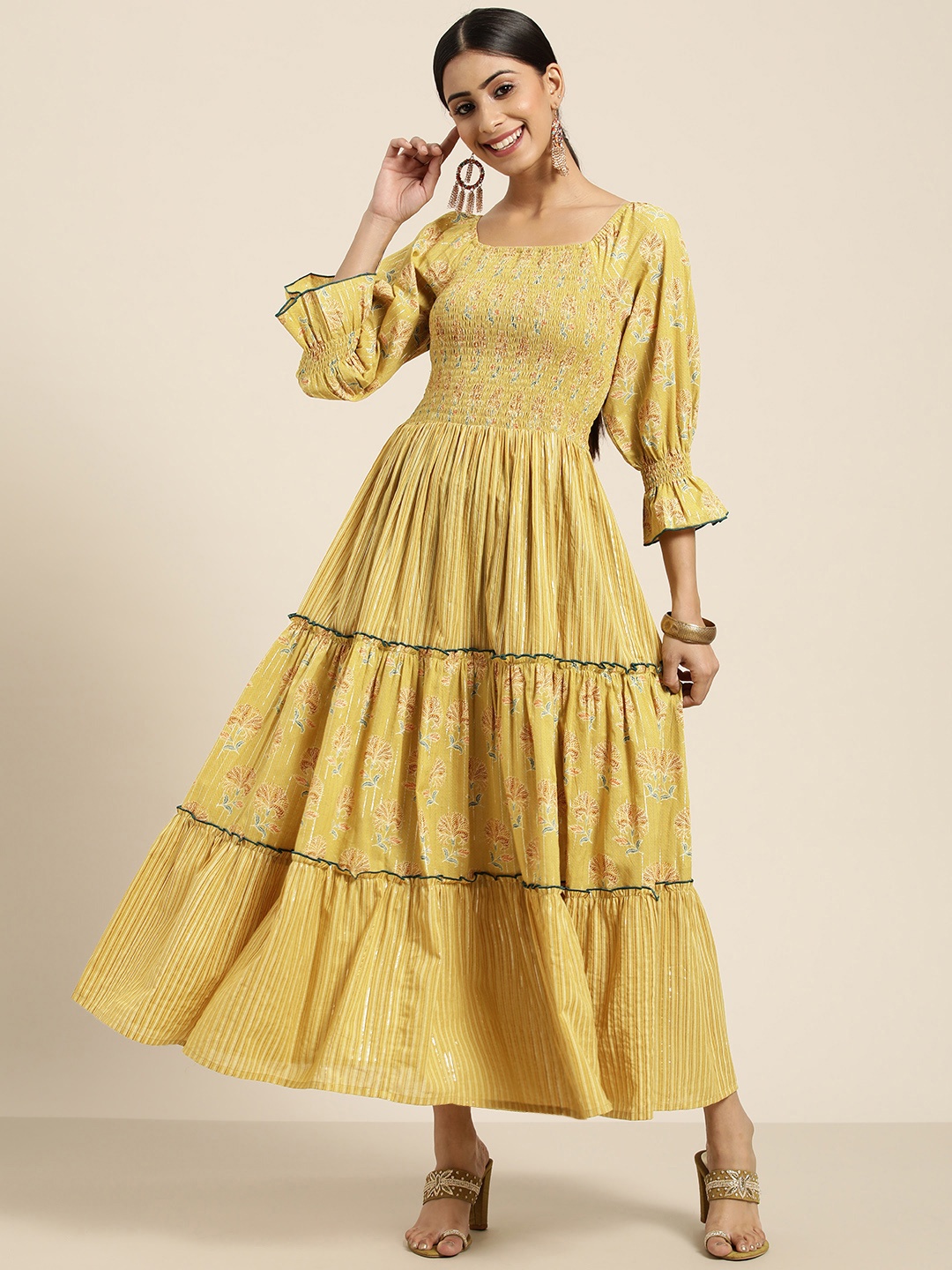 

Sangria Women Yellow Ethnic Printed Pure Cotton Smocked Tiered A-Line Maxi Dress