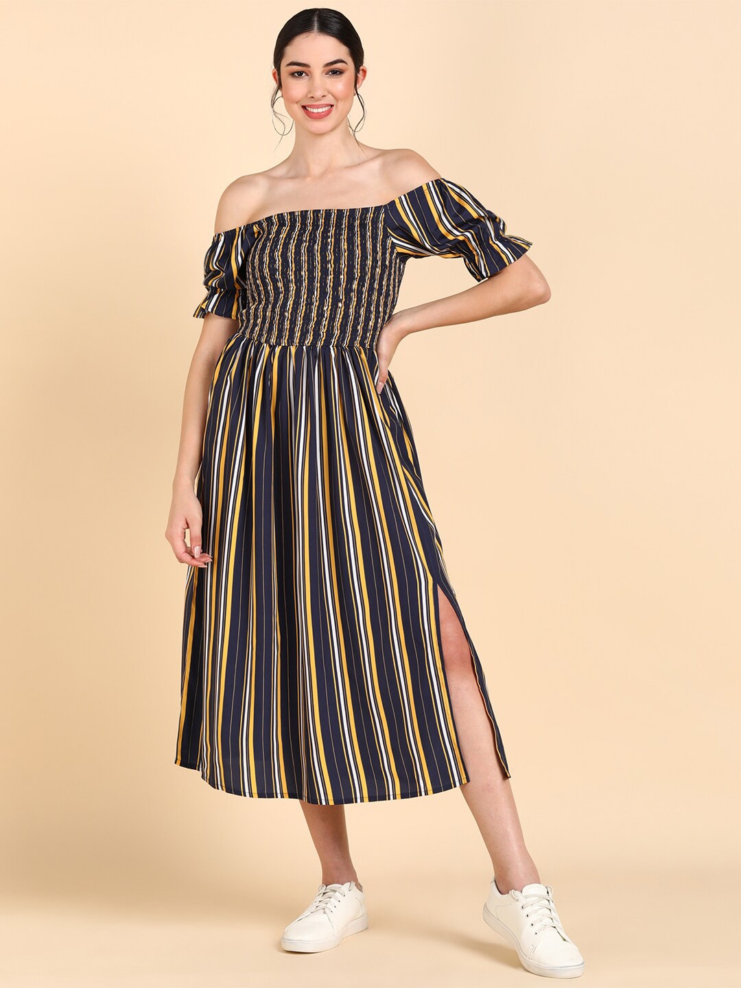 

AHIKA Navy Blue Striped Off-Shoulder Midi Dress