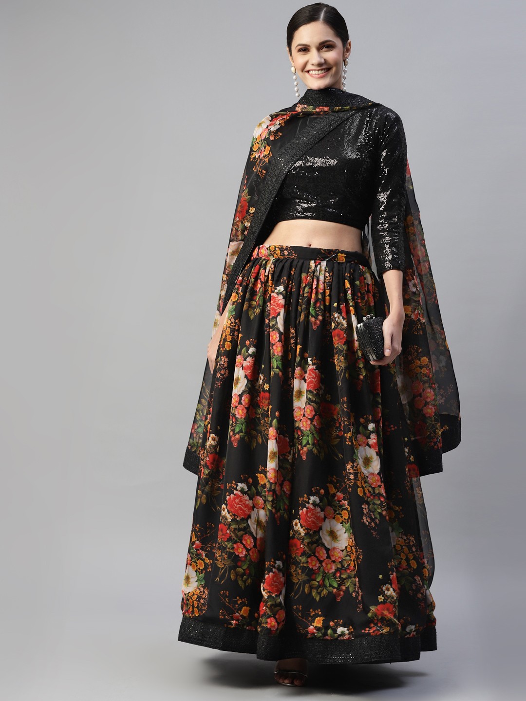 

Readiprint Fashions Black & Pink Embellished Sequinned Unstitched Lehenga & Blouse With Dupatta
