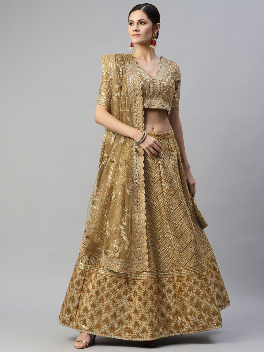 

Readiprint Fashions Beige Embroidered Sequinned Unstitched Lehenga & Blouse With Dupatta