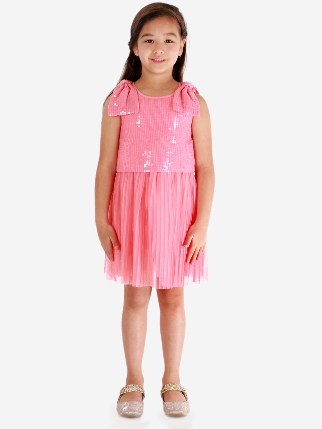 

KidsDew Girls Peach-Coloured Net A-Line Dress