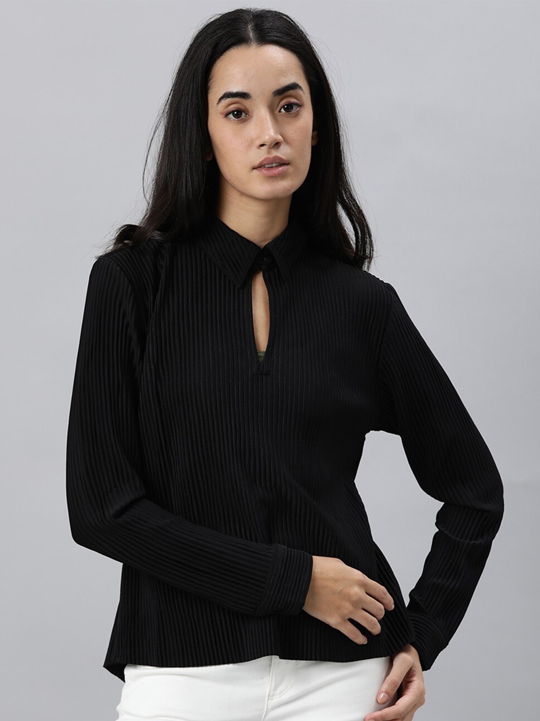 

RAREISM Women Black Keyhole Neck Top