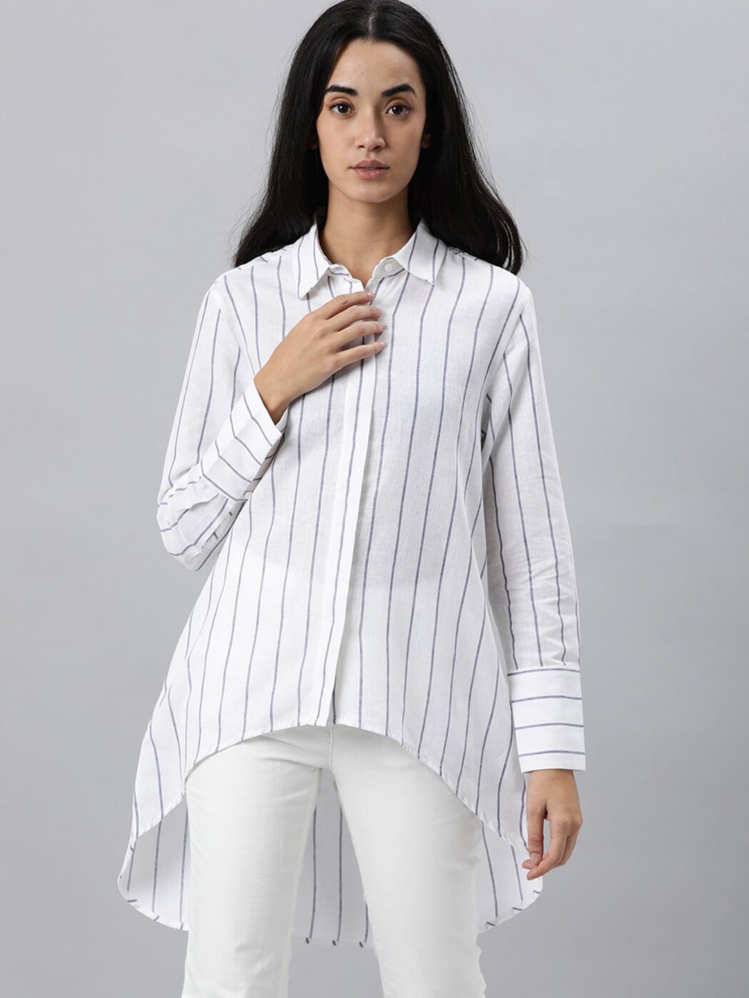 

RAREISM Women White & Blue Striped High-Low Longline Top