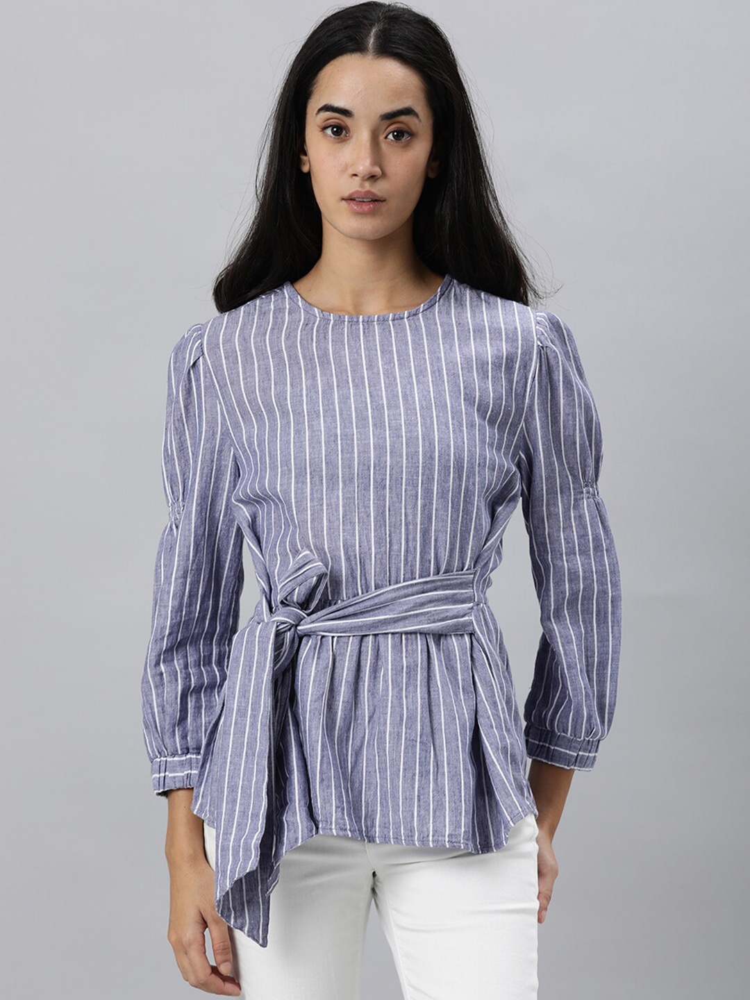 

RAREISM Women Blue Striped Cinched Tie Up Waist Top
