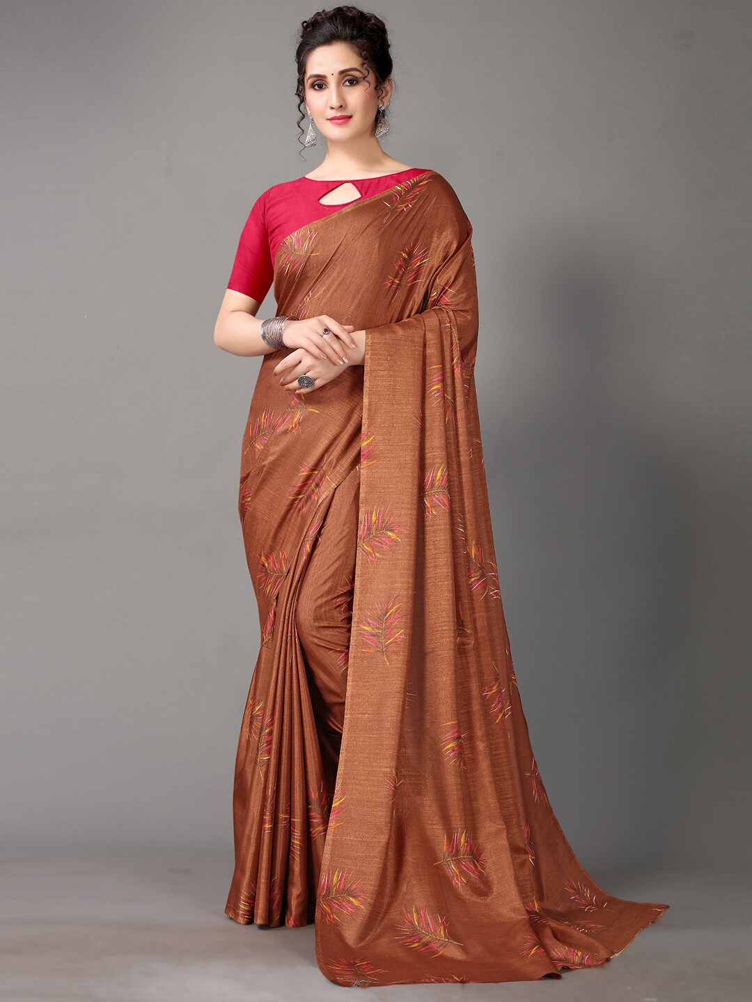 

HRITIKA Brown & Yellow Ethnic Motifs Silk Blend Saree