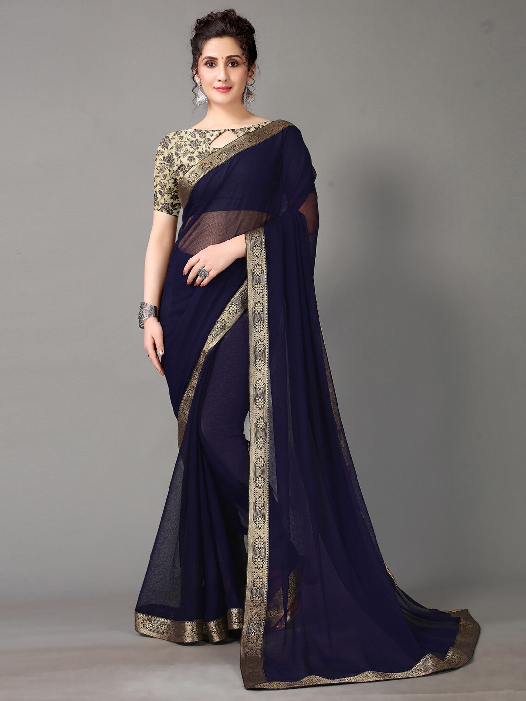 

HRITIKA Navy Blue & Golden Zari Solid Saree