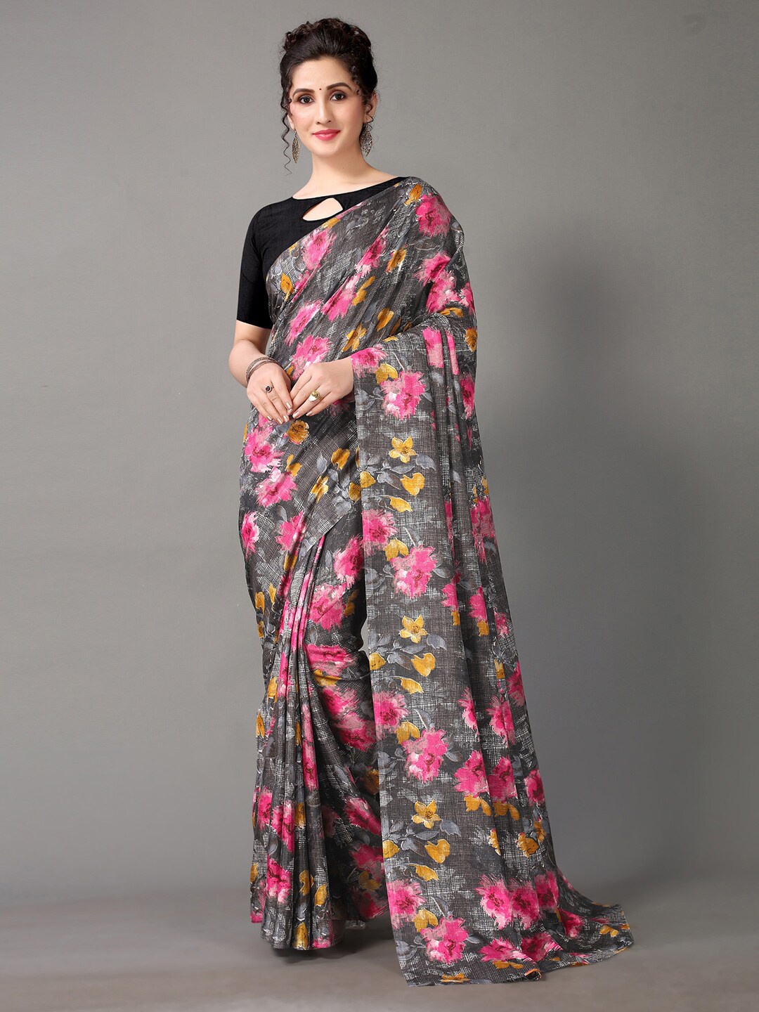 

HRITIKA Grey & Pink Floral Printed Silk Blend Saree