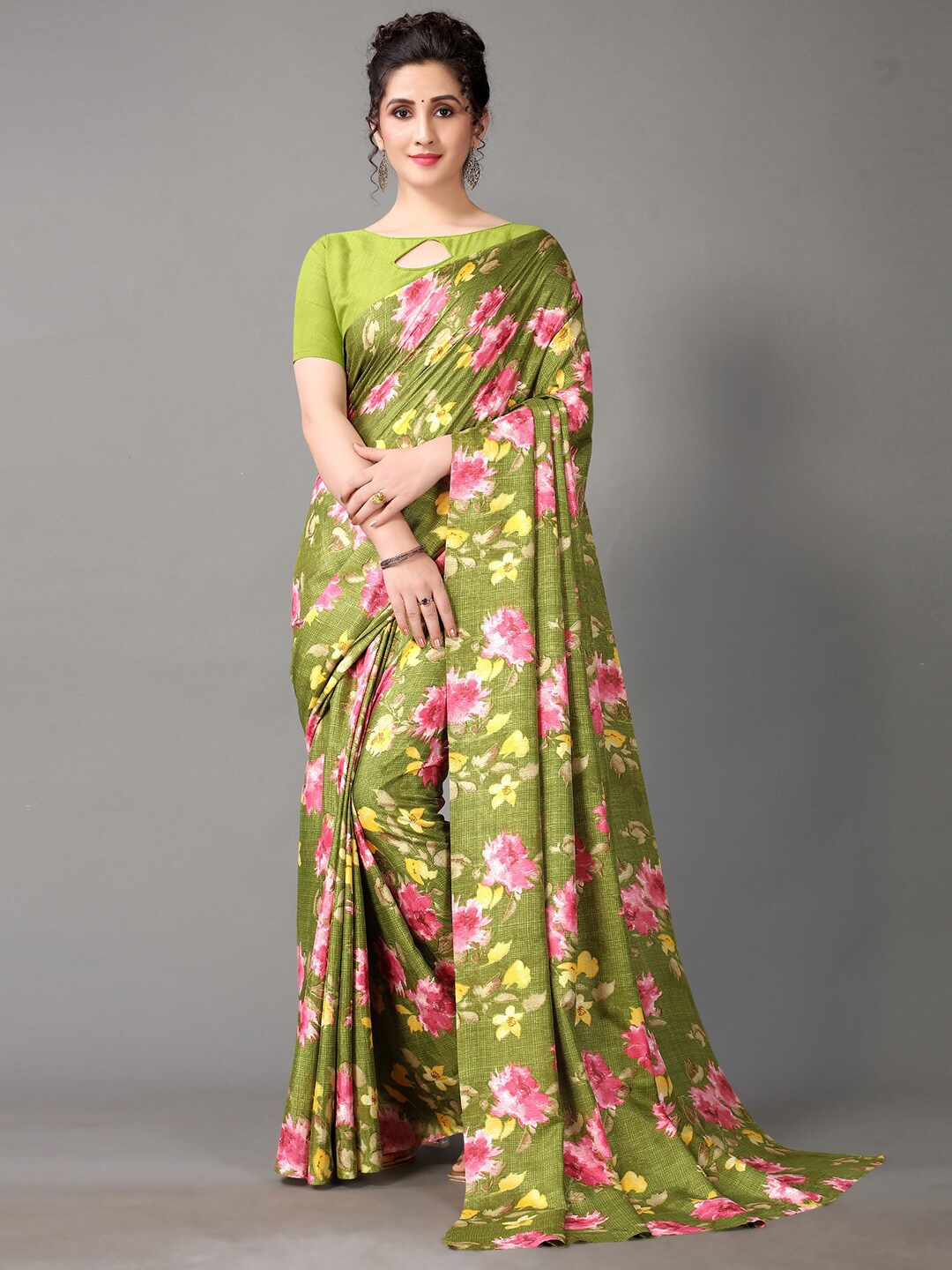 

HRITIKA Green & Pink Floral Silk Blend Saree