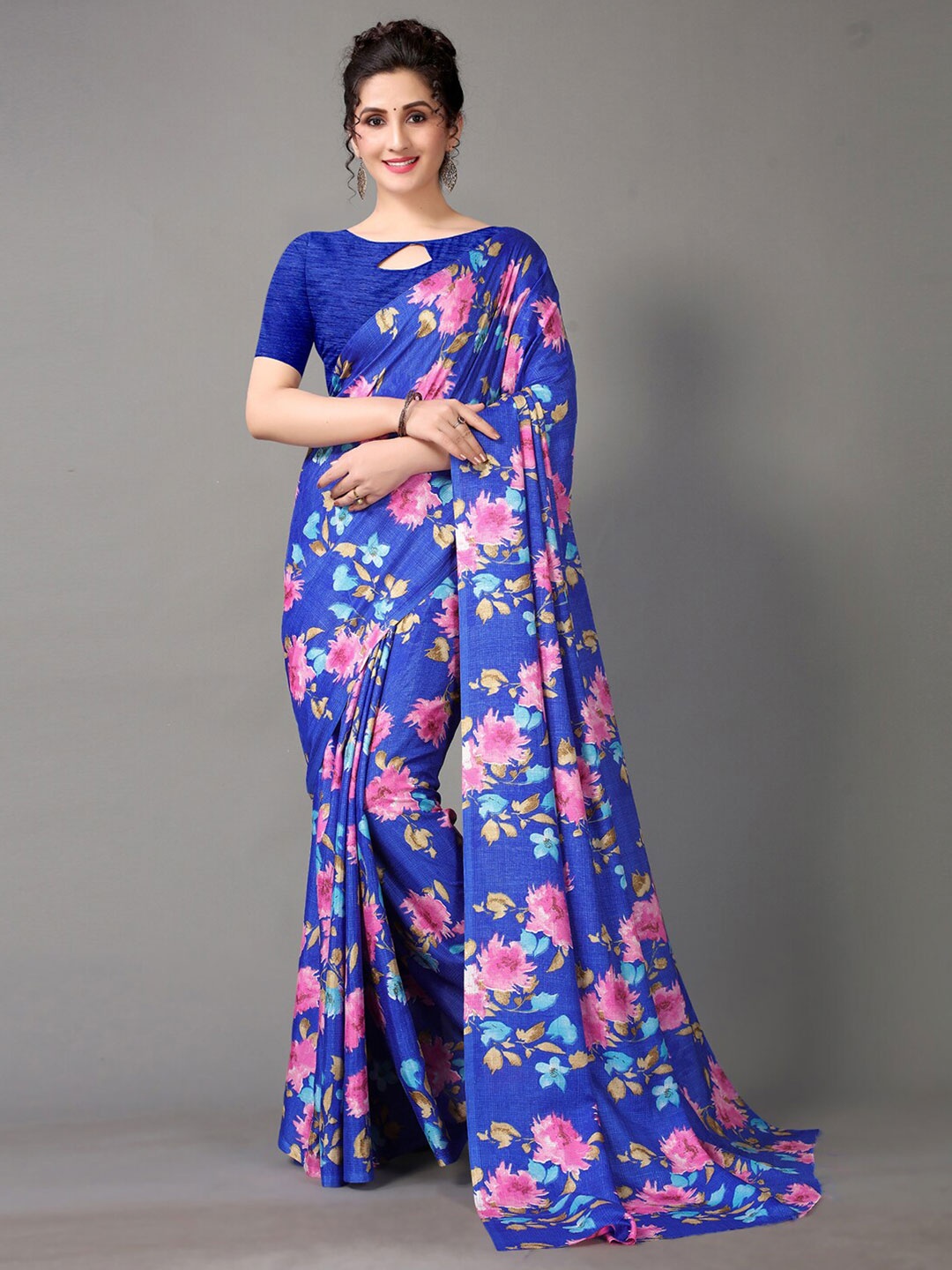 

HRITIKA Blue & Pink Floral Printed Silk Blend Saree