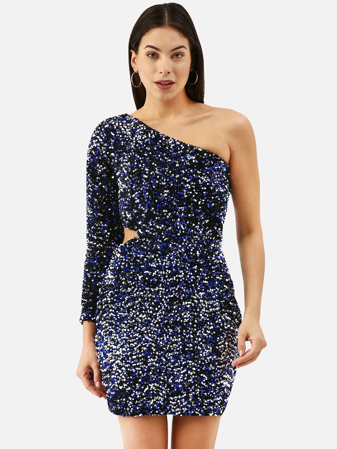 

Martini Women Black & Blue Embellished Cut-Out Detail One Shoulder Bodycon Mini Dress