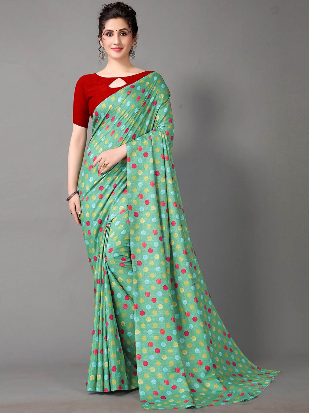 

HRITIKA Green & Pink Printed Silk Blend Saree