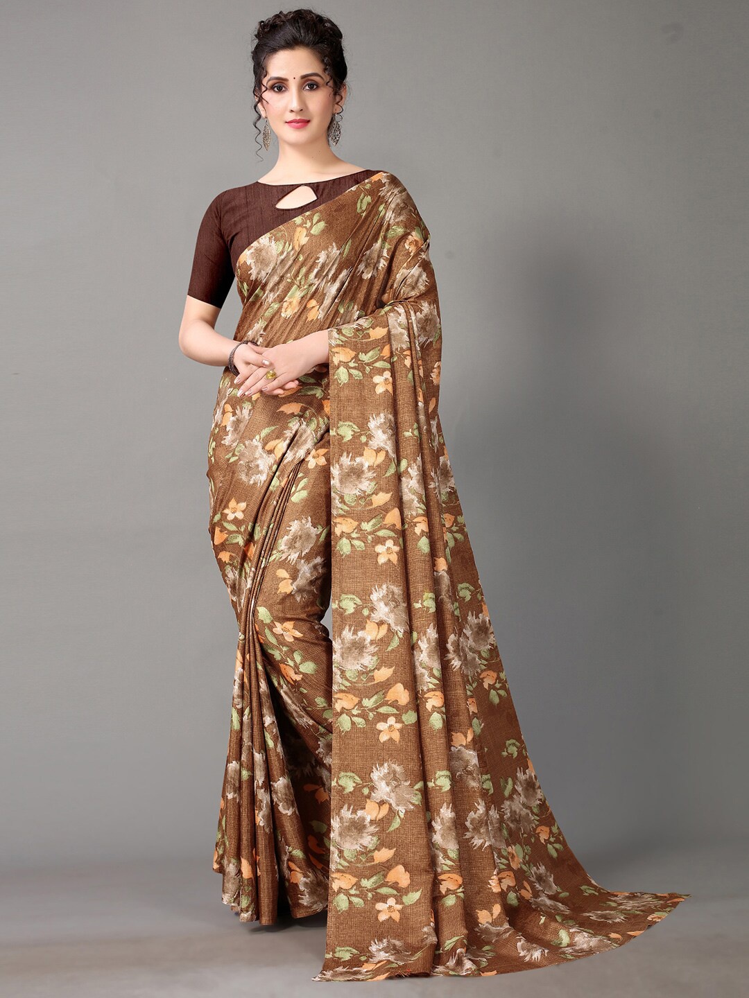 

HRITIKA Brown & Green Floral Silk Blend Saree