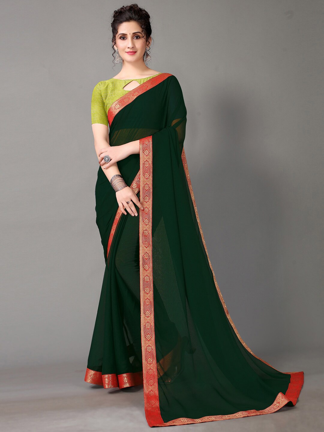 

HRITIKA Green & Red Poly Chiffon Saree