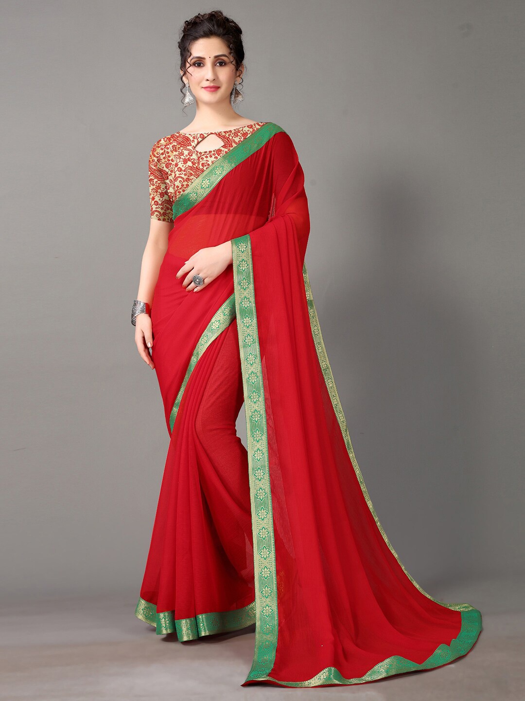 

HRITIKA Red & Green Zari Saree