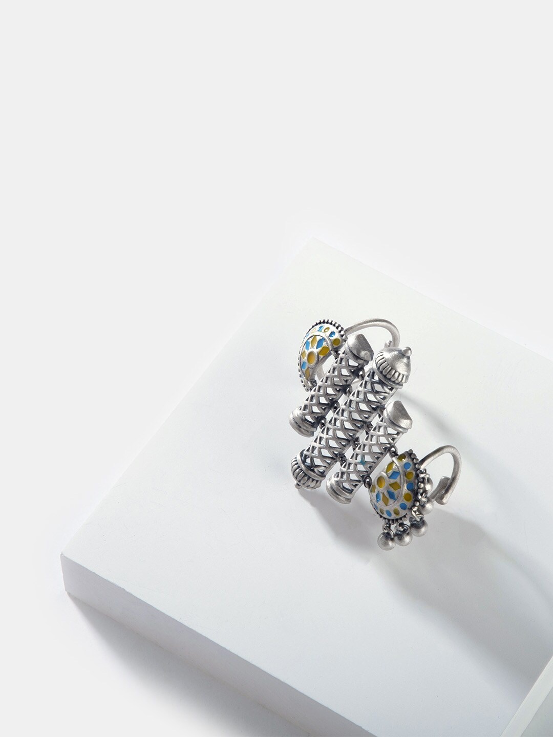 

SHAYA Silver-Toned Yellow & Blue Enamelled Oxidized Finger Ring