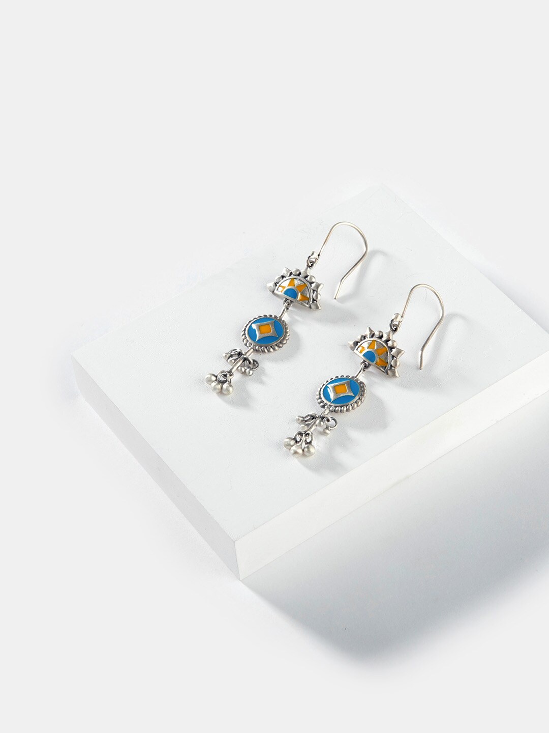 

SHAYA Women Silver-Toned, Yellow & Blue Contemporary Drop Earrings