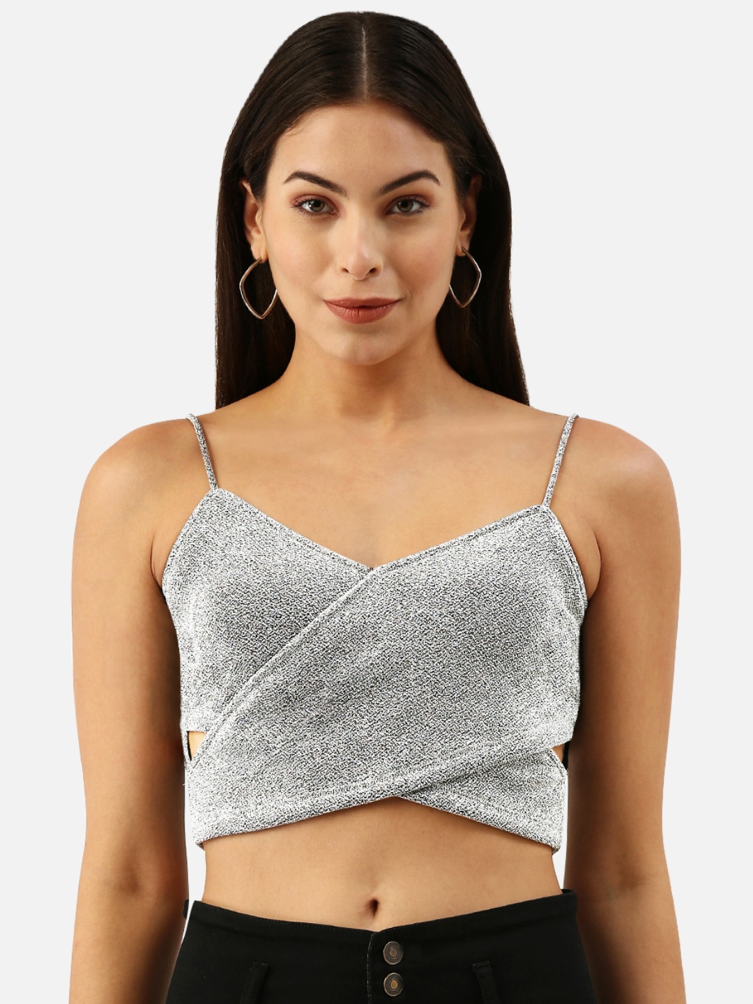 

Martini Women Silver Self Design Cut-Out Detail Sweetheart Neck Crop Top
