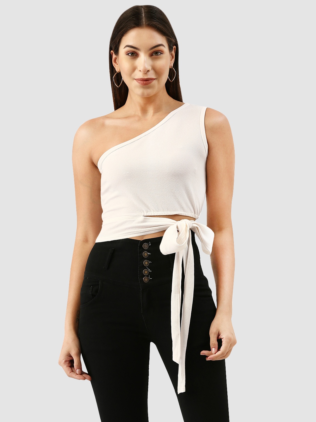 

Martini White Solid One Shoulder Waist Tie-Ups Crop Top