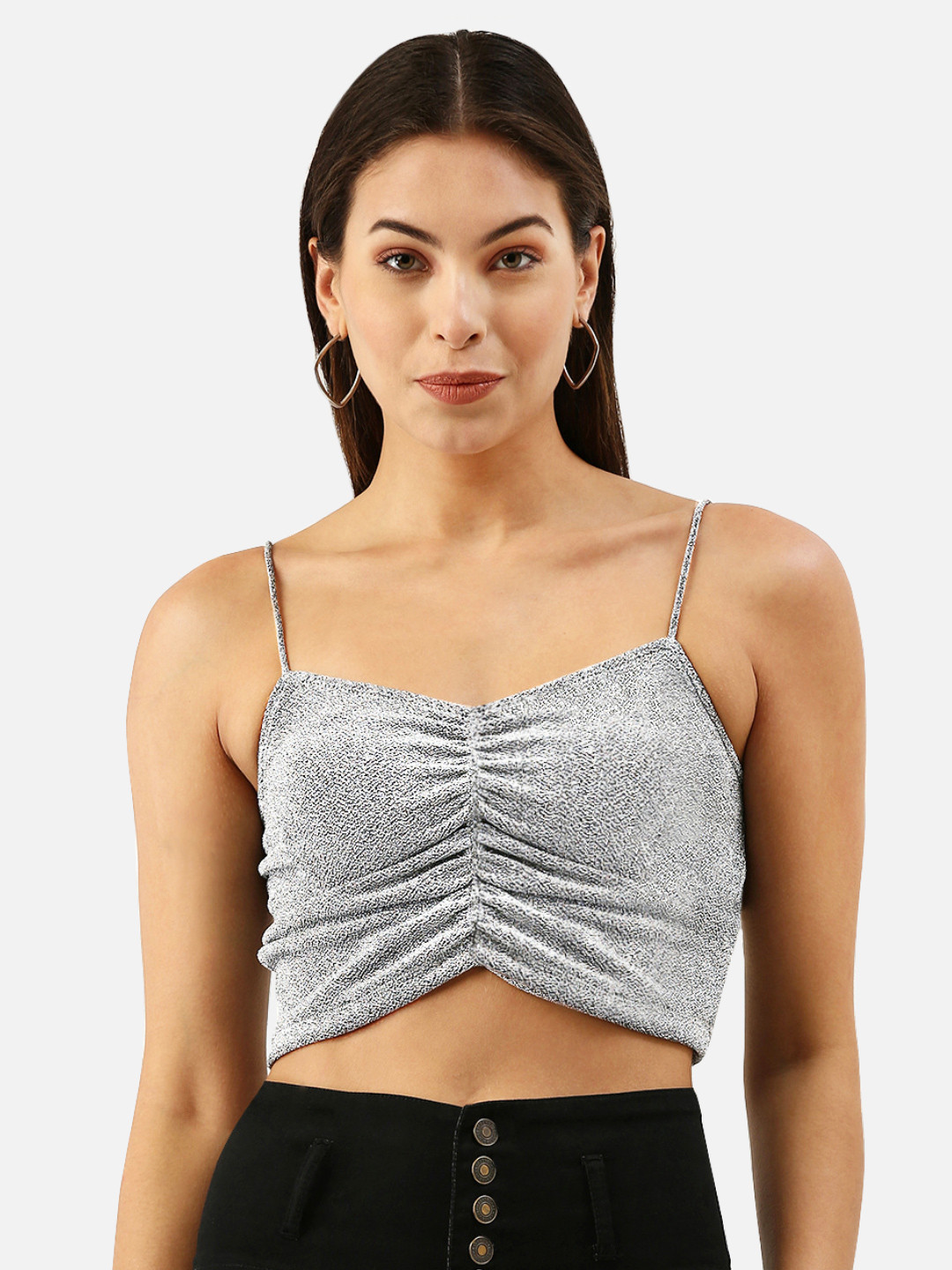 

Martini Silver-Toned Sweetheart Neck Sheen Crop Top