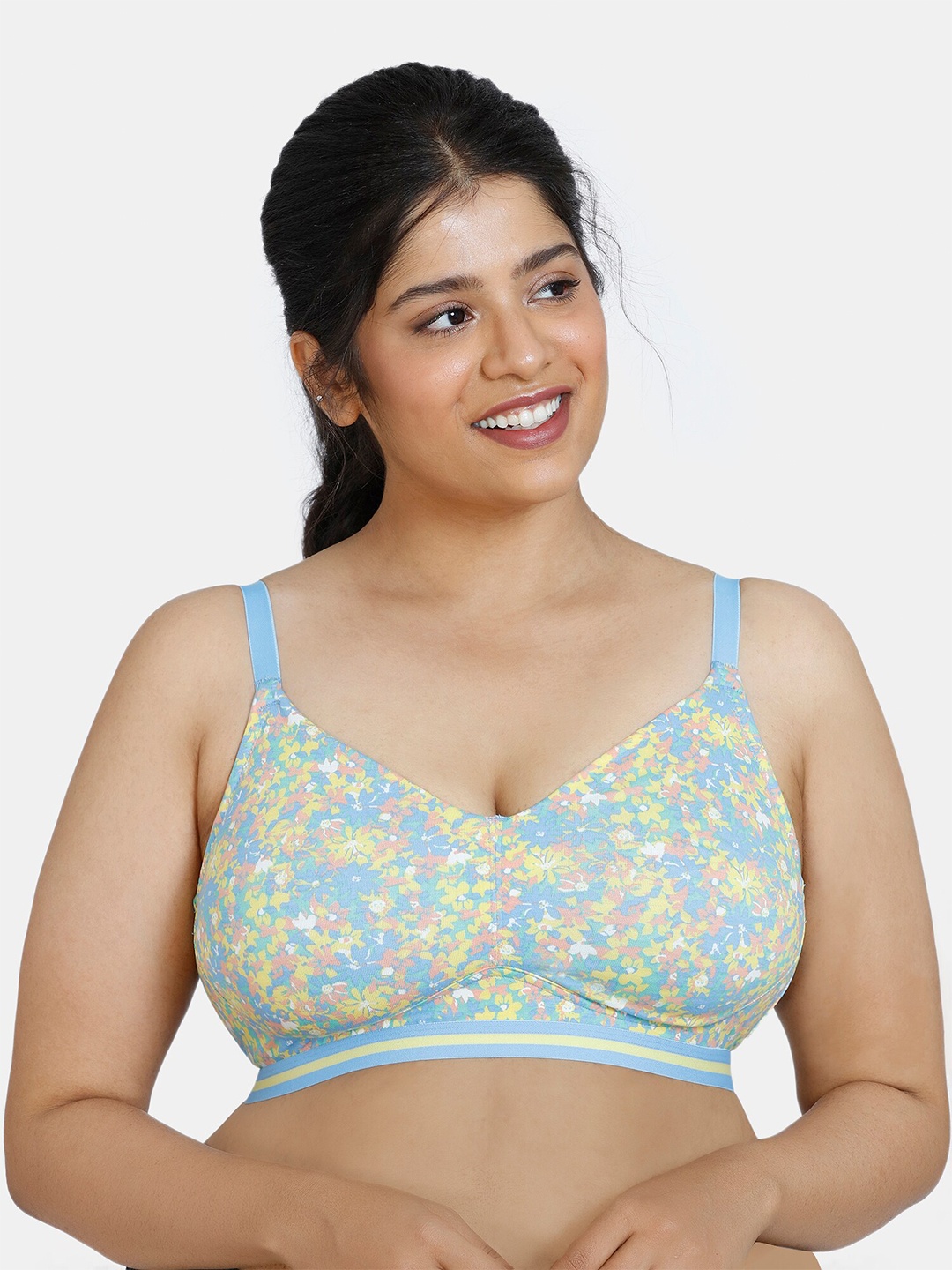 

Zivame Blue & Yellow Floral Non Padded Non Wired Minimizer Bra