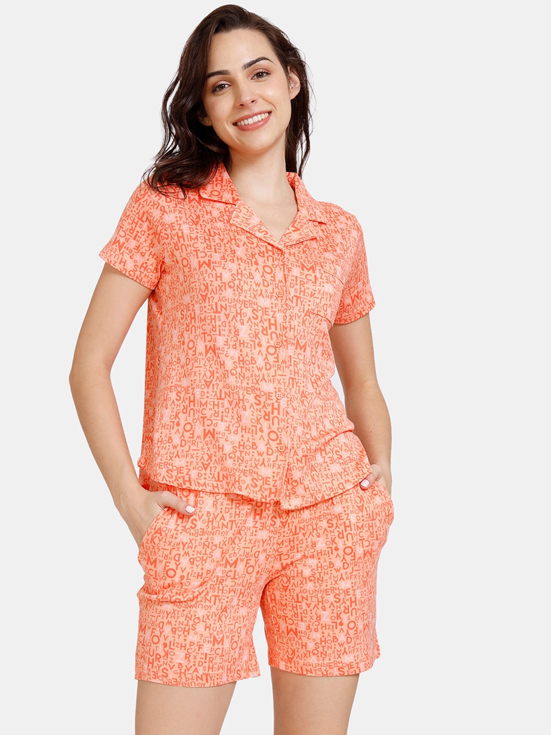 

Zivame Women Orange Printed Night Suit