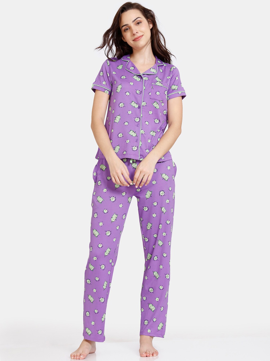 

Zivame Women Purple & Green Printed Night suit