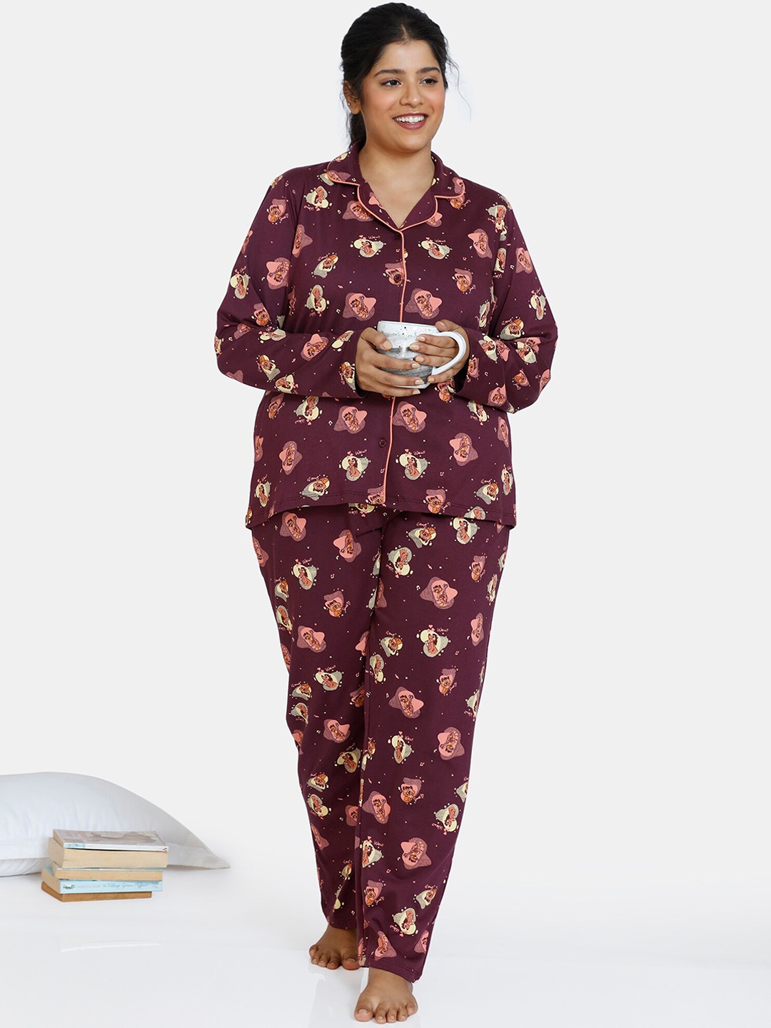 

Zivame Women Plus Size Maroon & Pink Printed Pure Cotton Night suit