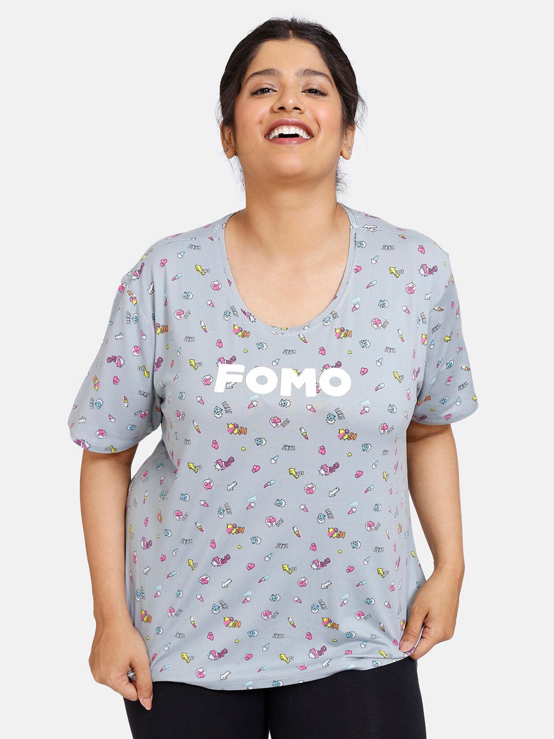 

Zivame Women Plus Size Grey Conversational Printed Top