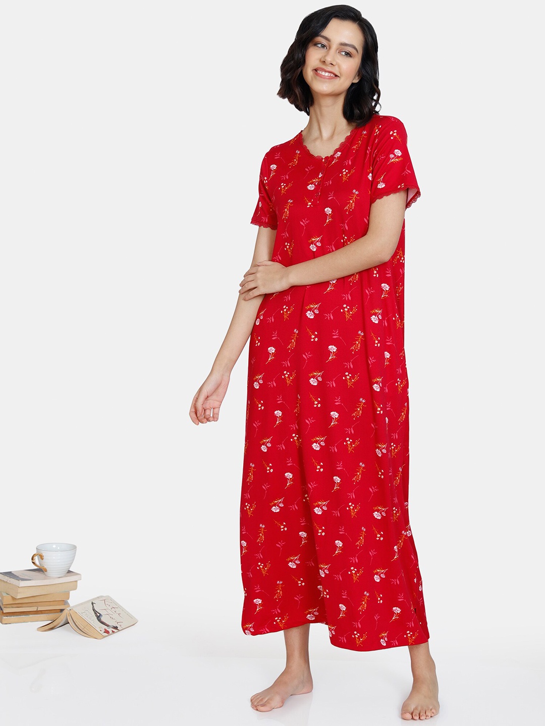 

Zivame Women Red Printed Maxi Nightdress